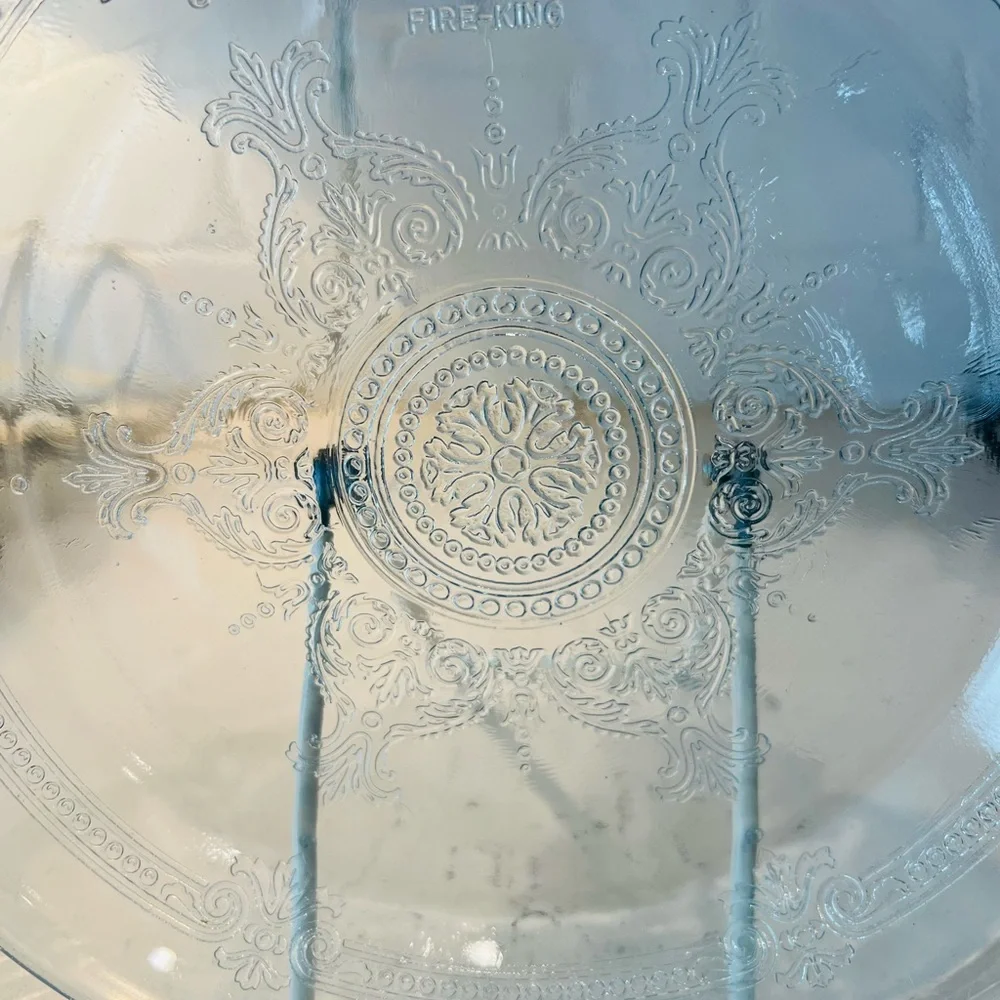 Vintage Fire-King Clear Glass 9” Pie Plate Ornate Scroll Medallion 1940s